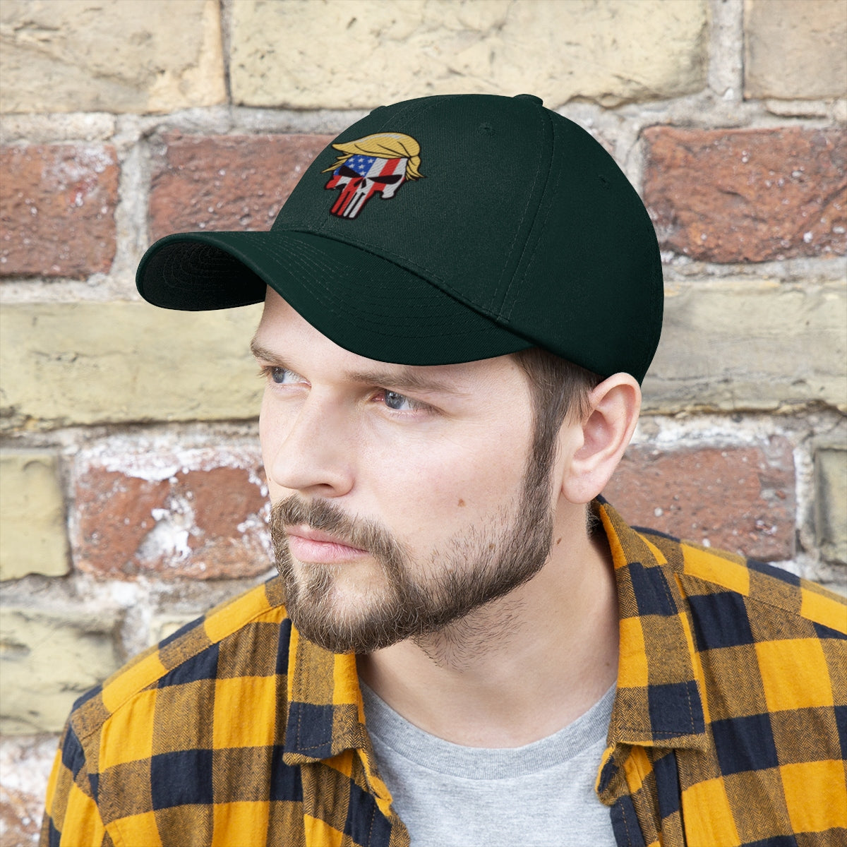 Classic Punisher Twill Cap with Trump Design displayed on a man in casual attire.
