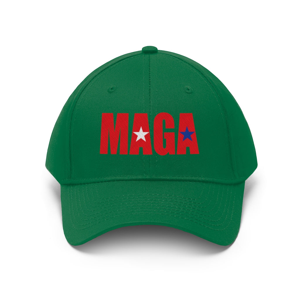 Embroidered MAGA Cotton Twill Cap Design in green featuring bold red letters and stars.