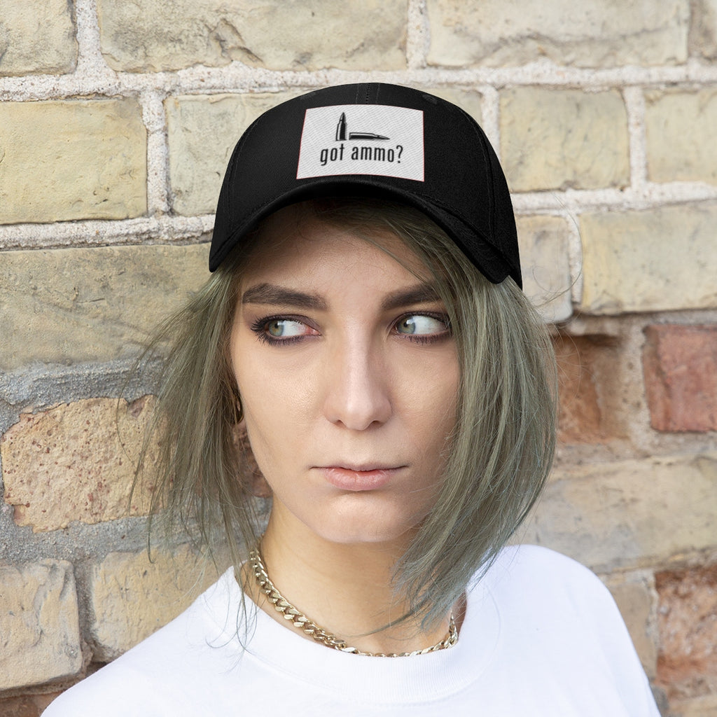 Got Ammo Twill Cap Funny Tactical Style Cap worn by a model against a brick wall background.