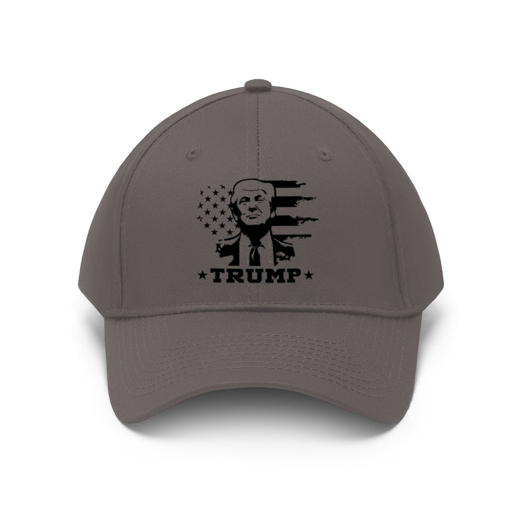 Black White Flag Baseball Cap Featuring Trump 2020 with patriotic design and bold text.