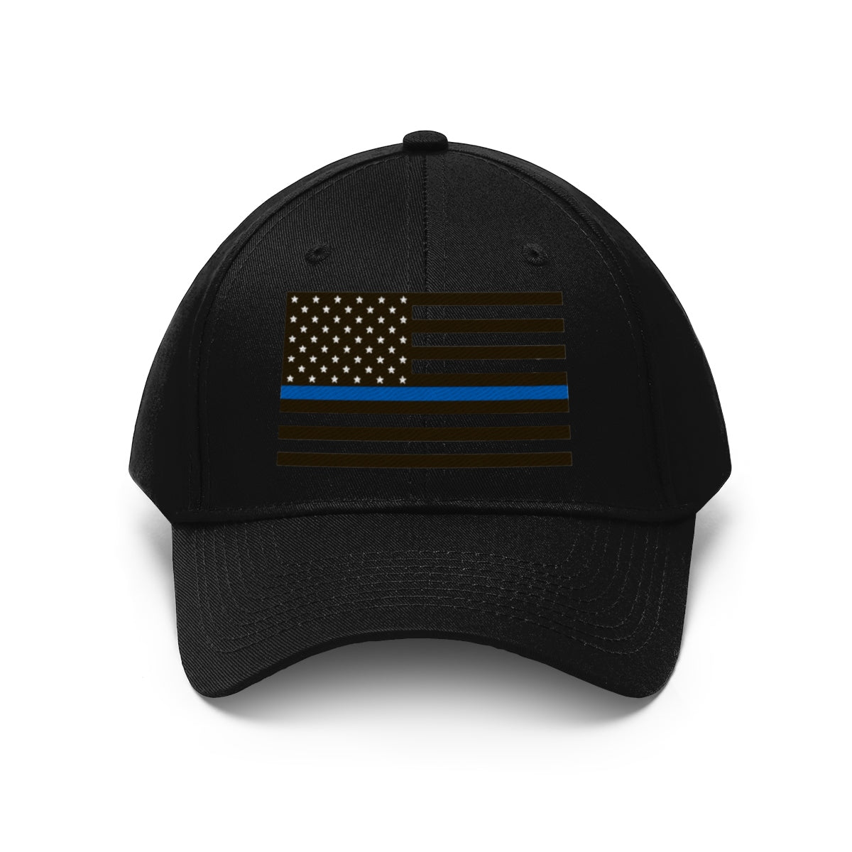 Thin Blue Line American Flag Twill Cap featuring a black cap with a blue line flag design on the front.