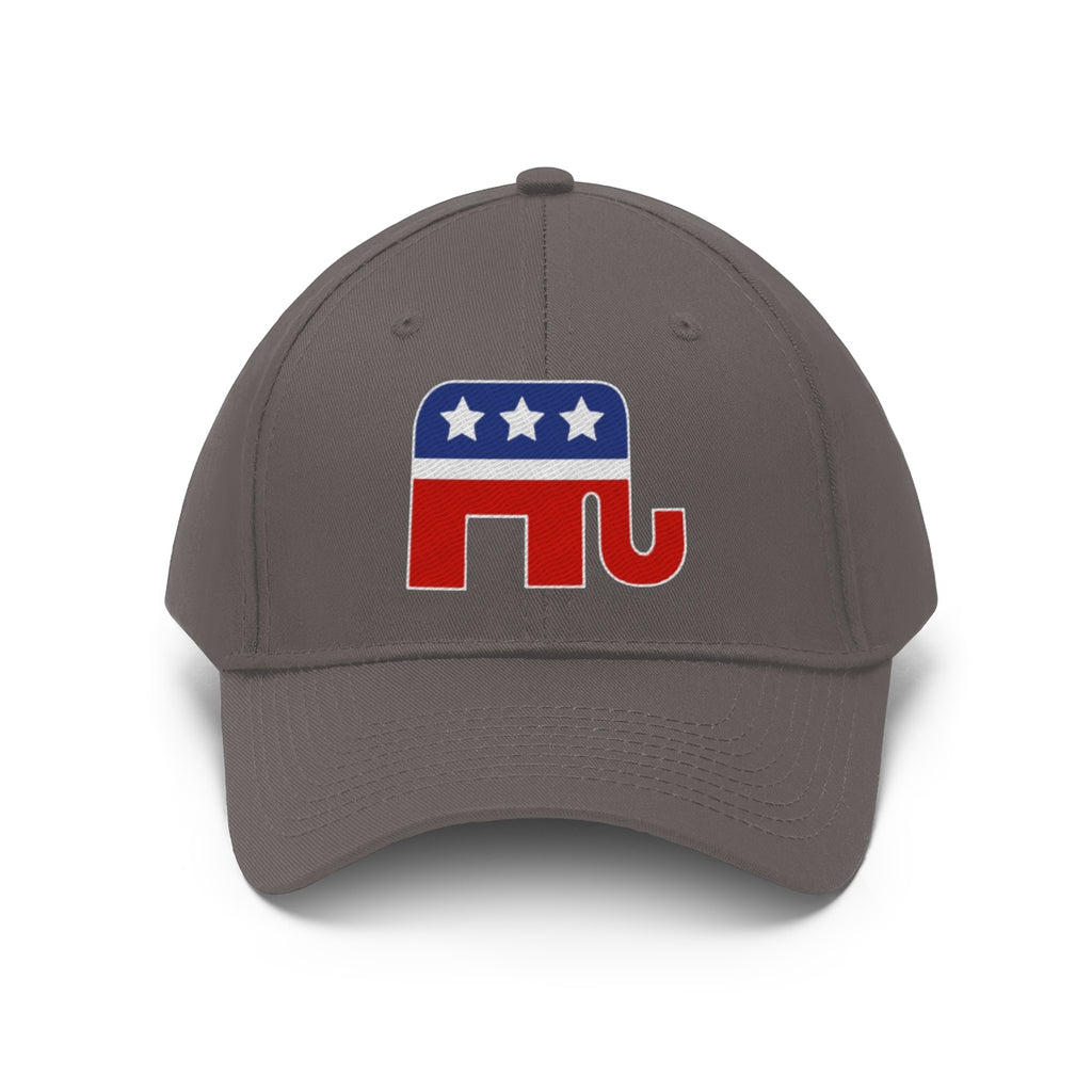GOP Symbol Twill Cap Patriotic Political Graphic Cap with elephant logo and stars on a gray background.