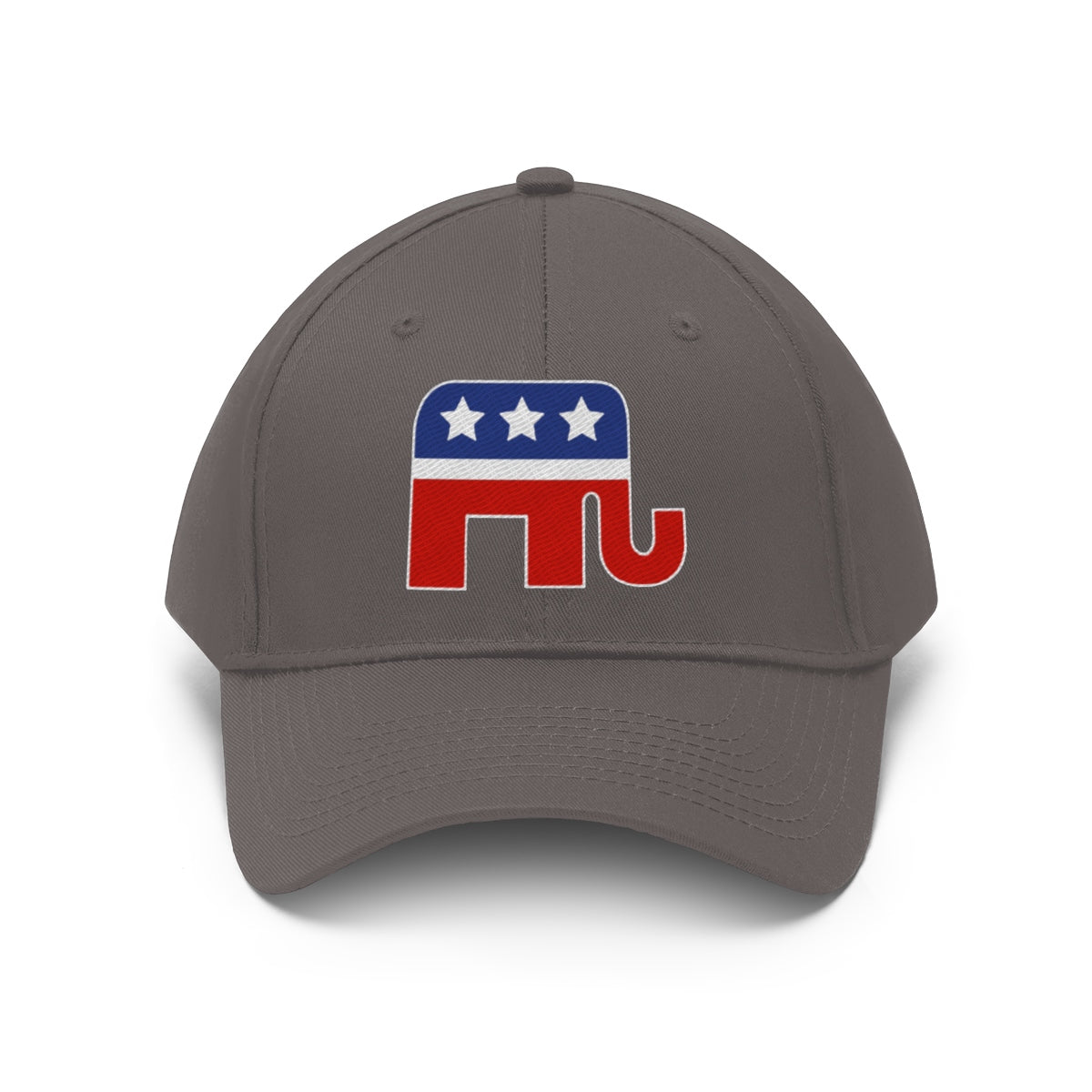 GOP Symbol Twill Cap Patriotic Political Graphic Cap with elephant logo and stars on a gray background.