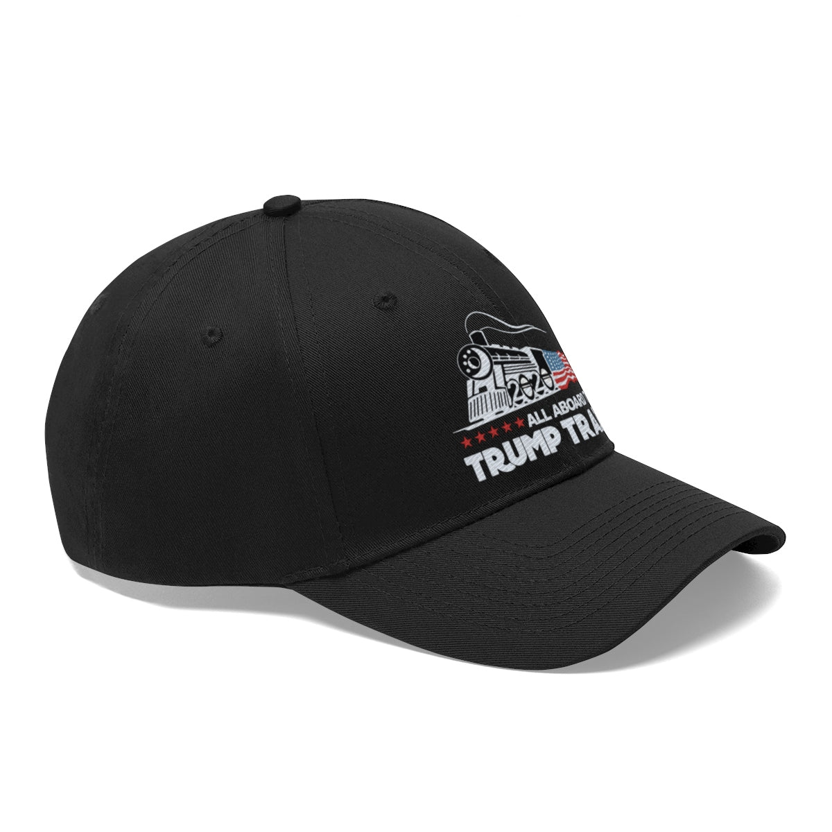 All Aboard The Trump Train 2020 Twill Cap black baseball cap featuring train graphic and slogan.