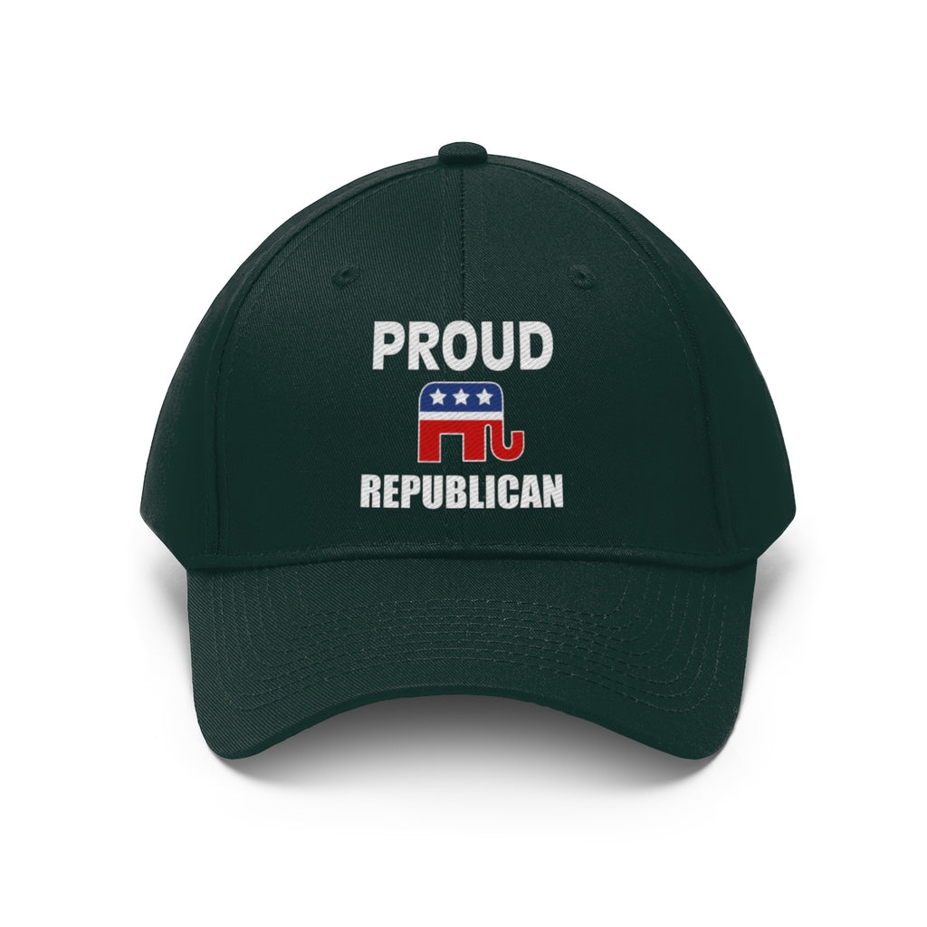 Classic Proud Republican Twill Baseball Cap featuring the GOP elephant logo and bold lettering.
