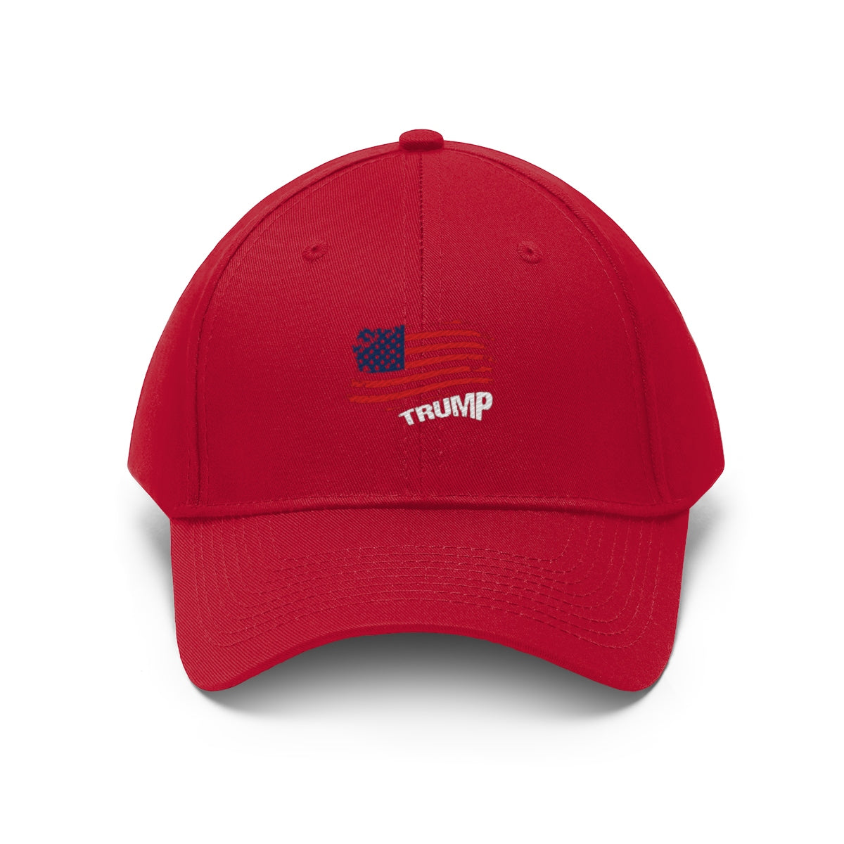 American Flag Twill Cap Trump Bold Supporter Cap in red with American flag and Trump text design.