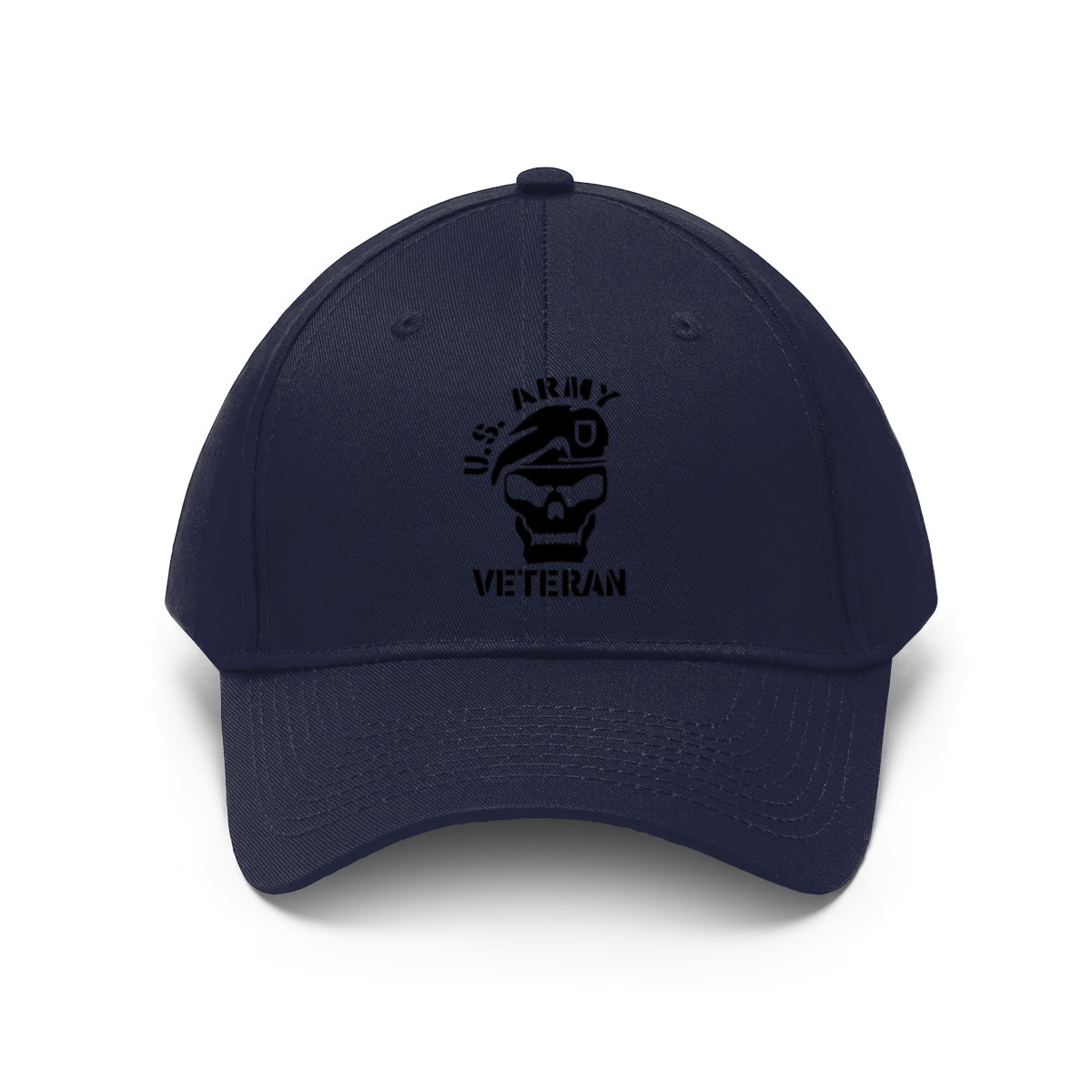 Vintage Twill Baseball Cap US Army Veteran in navy blue with soldier skull design.