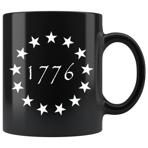Betsy Ross Stars 1776 Patriotic Graphic black ceramic mug with white stars and 1776 text, high gloss finish, suitable for beverages.