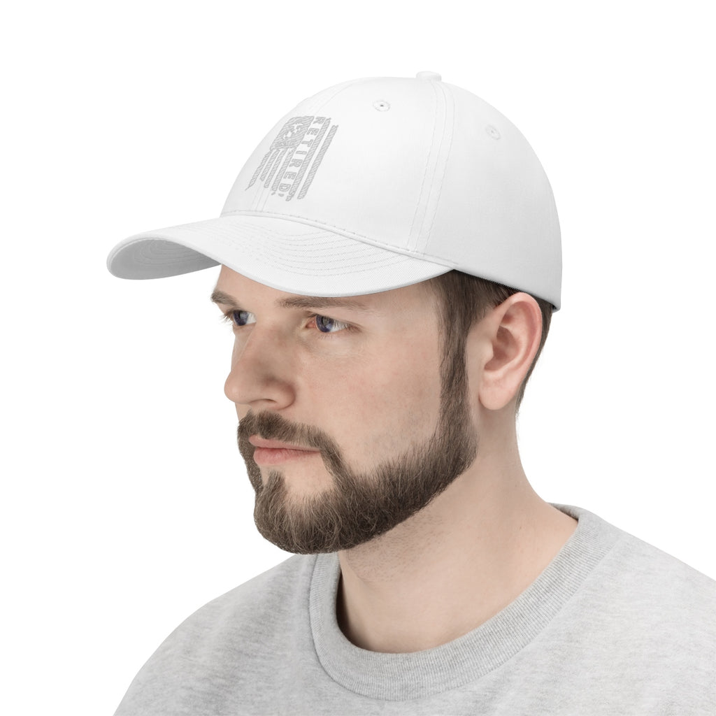 USMC Retired On Distressed American Flag Twill Cap worn by a man with beard, showcasing loyalty to military values.