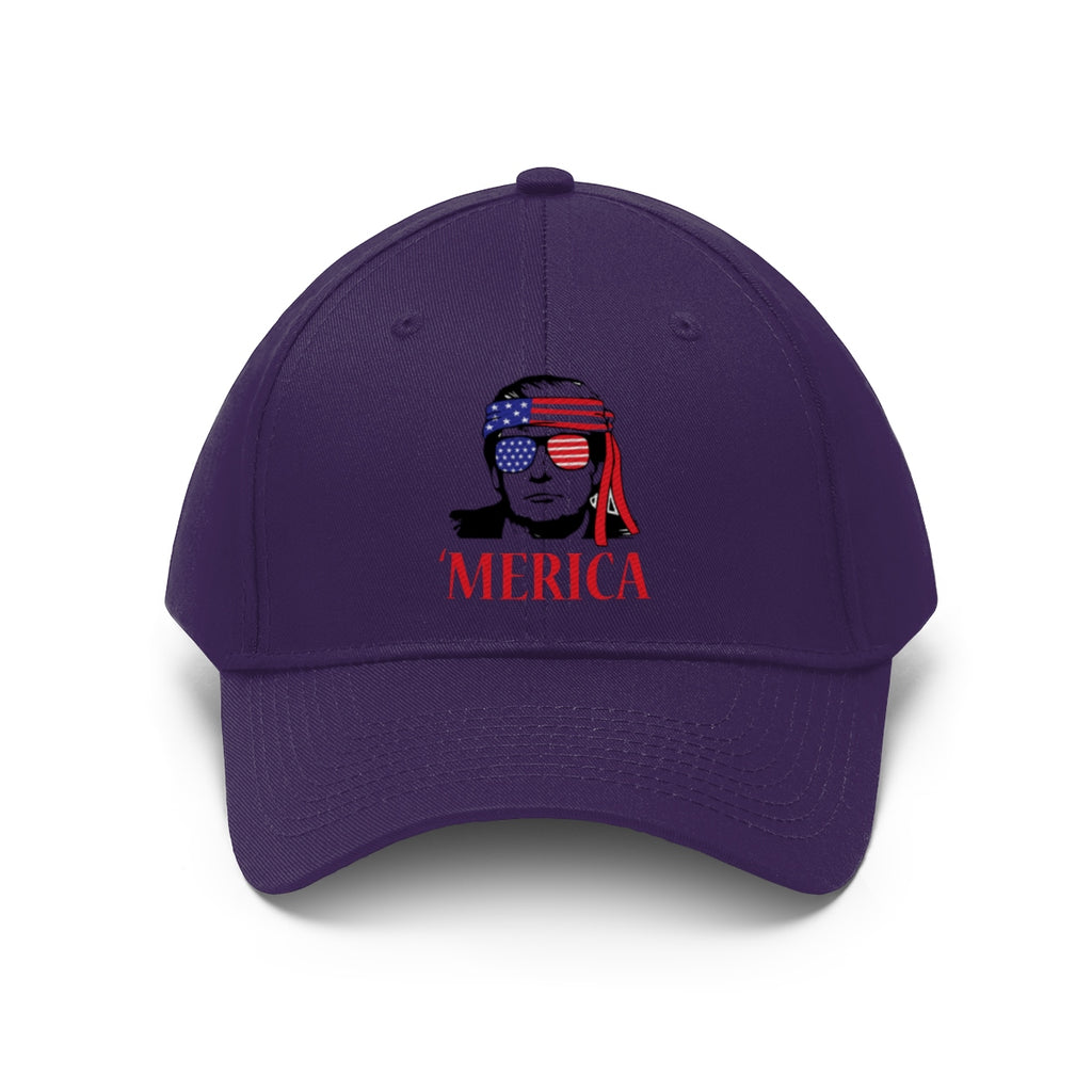 Classic Merica Baseball Cap with Trump Design featuring a patriotic graphic and bold lettering.