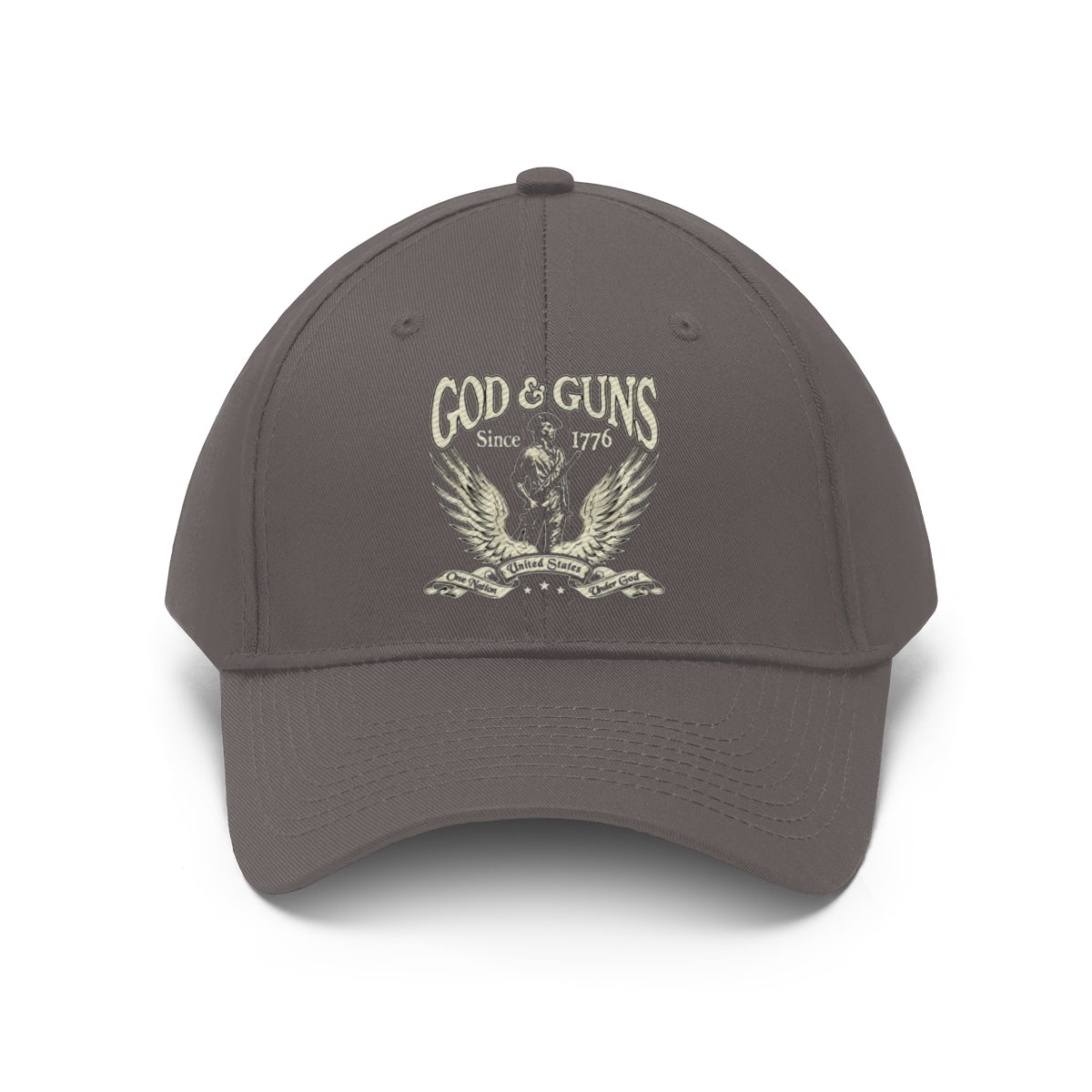 God And Guns Since 1776 Twill Cap in gray showcasing American heritage with emblem and winged design.