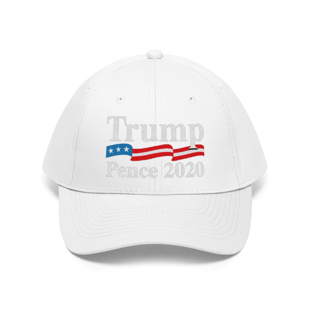 Trump Pence 2020 American Flag Twill Cap featuring patriotic design on a white cap.