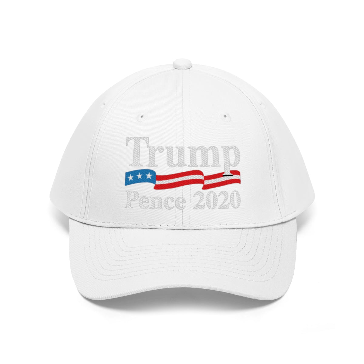 Trump Pence 2020 American Flag Twill Cap featuring patriotic design on a white cap.