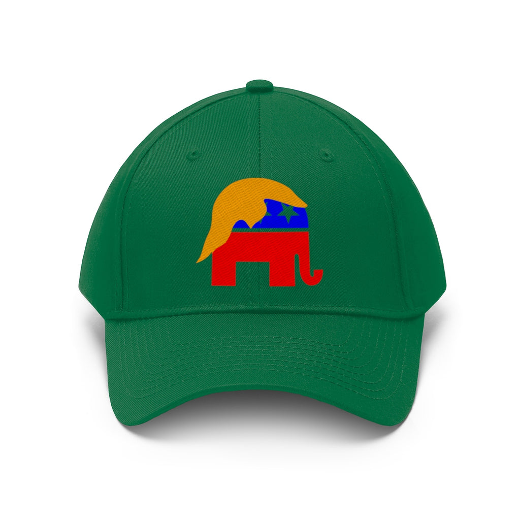 GOP Symbol With Trump Hair Twill Cap featuring colorful graphics on a green dad hat for patriotic supporters.