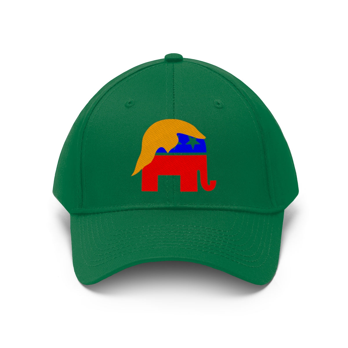 GOP Symbol With Trump Hair Twill Cap featuring colorful graphics on a green dad hat for patriotic supporters.