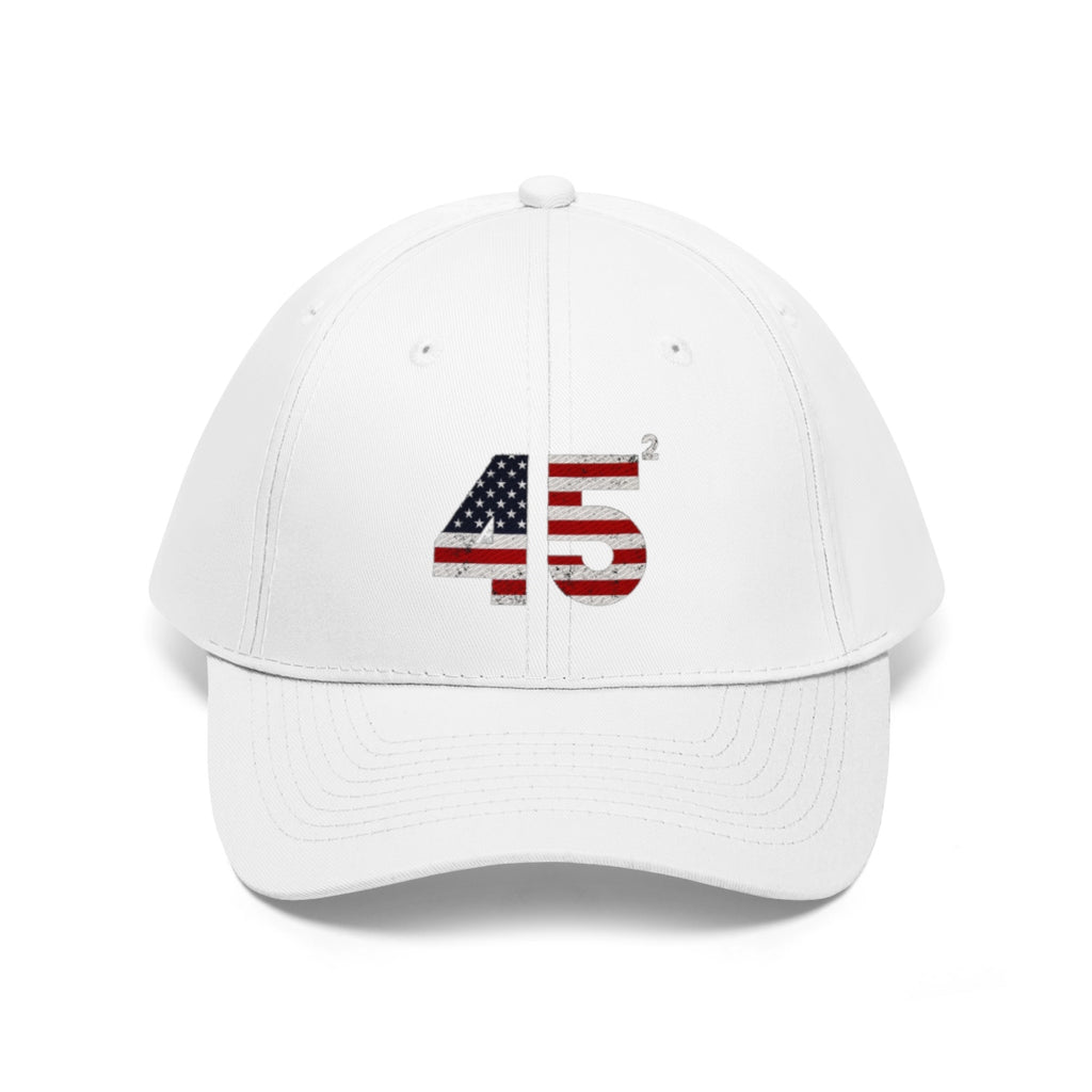45 Squared Twill Cap Bold Numeric Statement Hat with a red, white, and blue design showcasing a cultural statement.