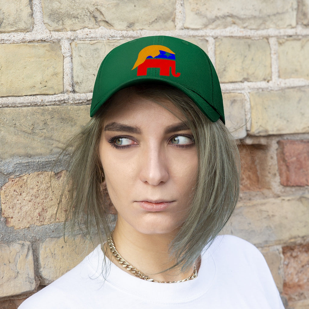 GOP Symbol With Trump Hair Twill Cap worn by a model against a brick wall background, highlighting bold political expression.
