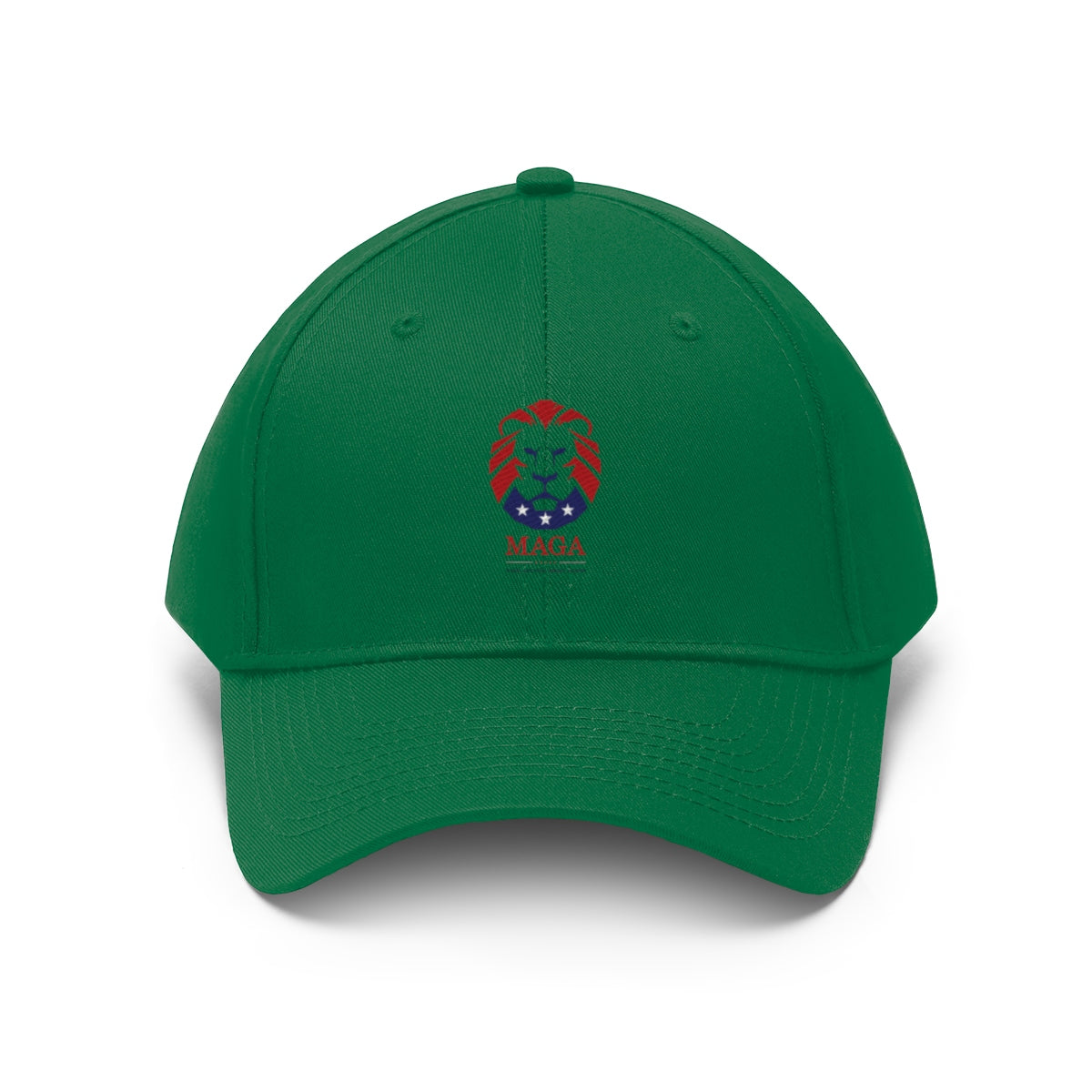 MAGA Lion Embroidered Cotton Twill Cap Design in green color with vibrant lion logo.