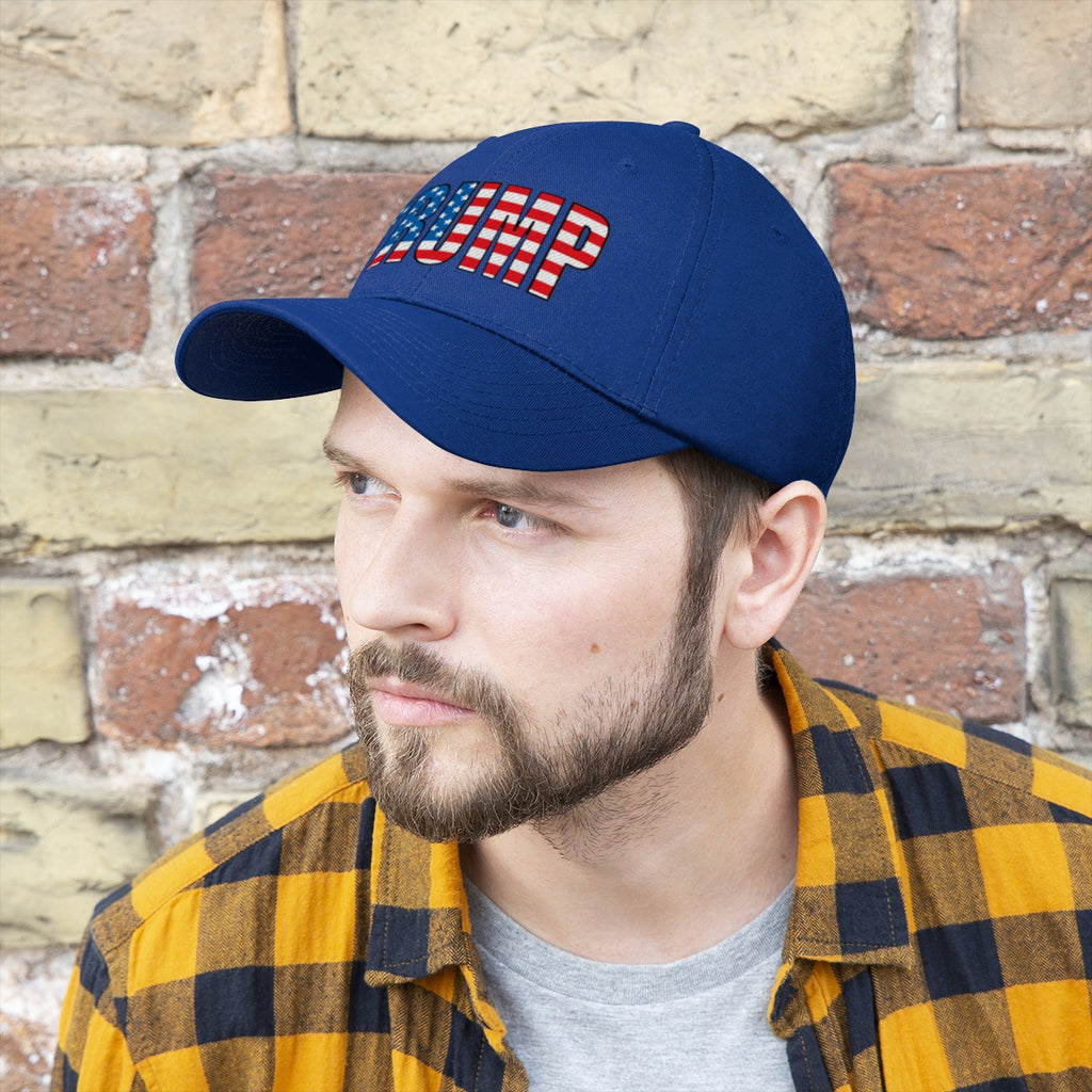 American Flag Twill Cap Patriotic Trump Classic Cap worn by a man with a beard in front of a brick wall.