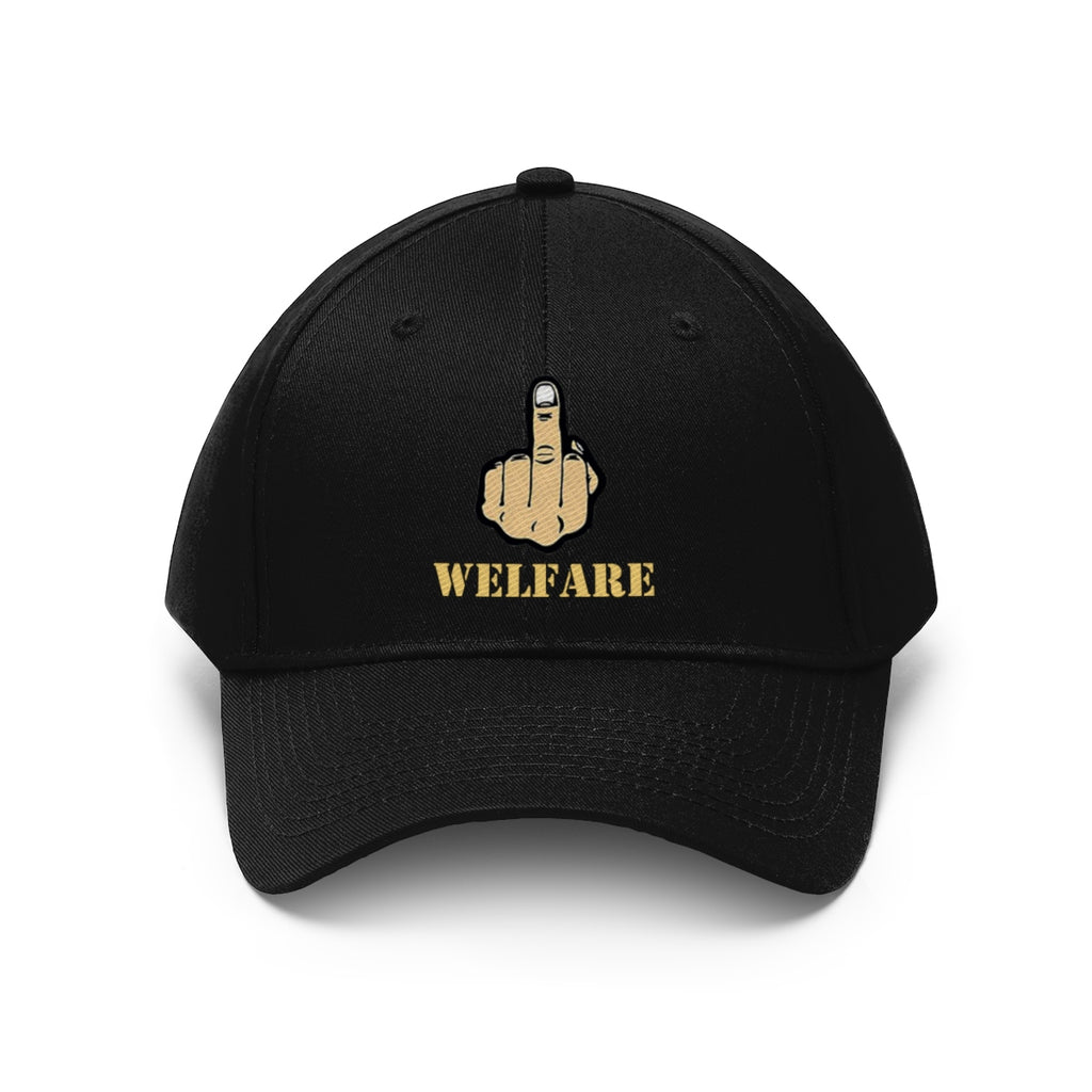 Vintage Fuck Welfare Cotton Twill Cap Design with a bold middle finger and 'WELFARE' text.