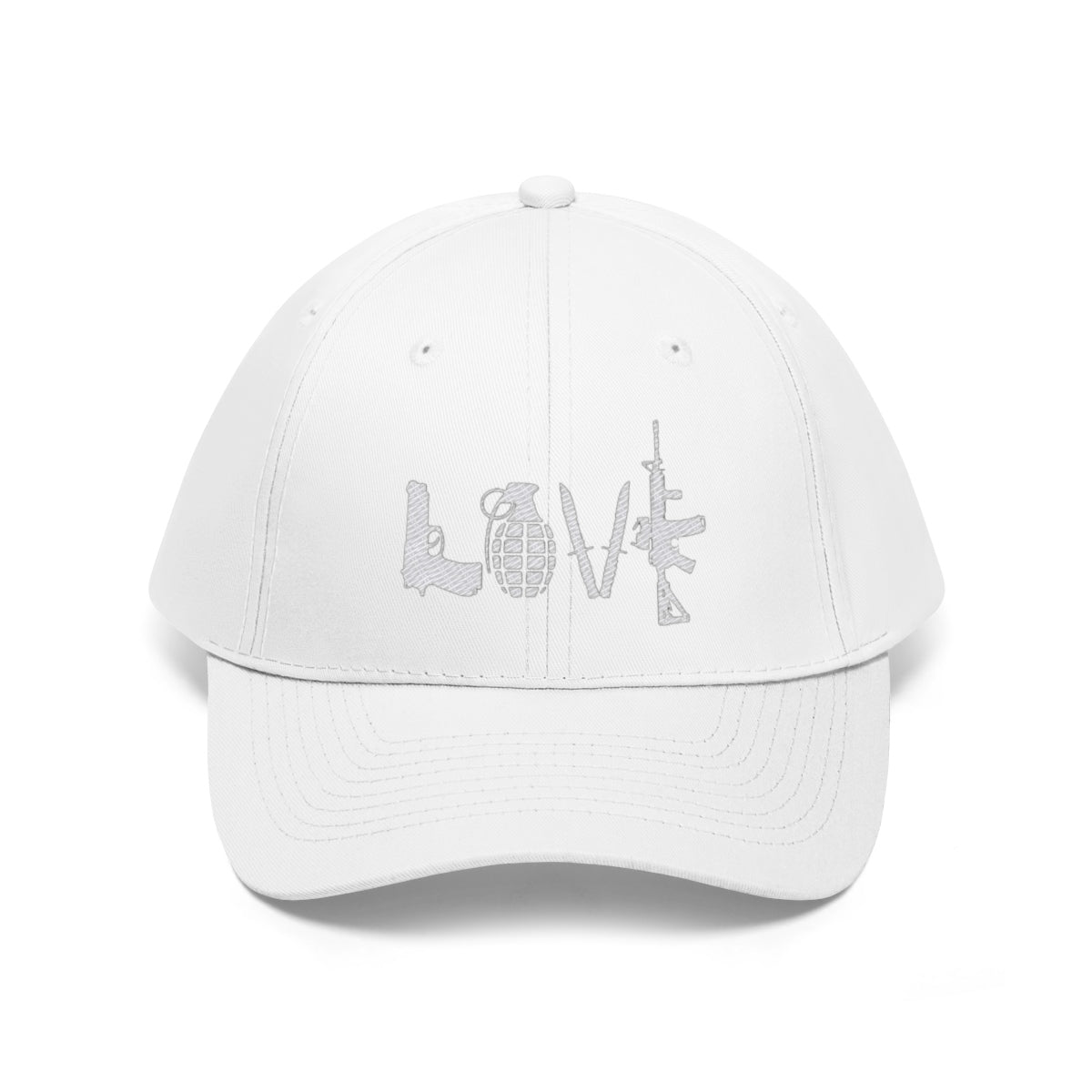 Love Combat Inspired Street Style Twill Cap featuring unique 'LOVE' design with grenade and gun accents.
