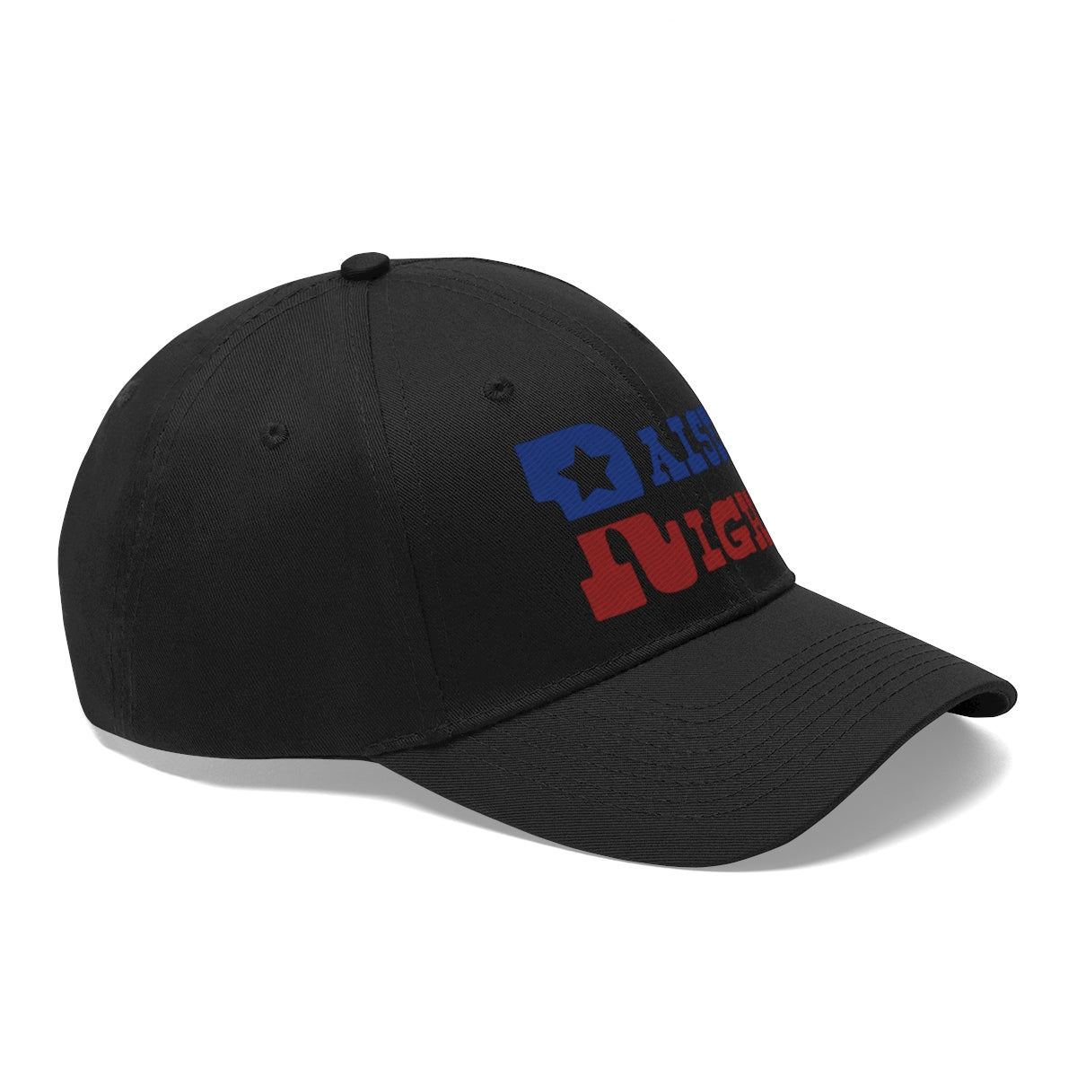 Raised Right Twill Cap Bold Values Casual Wear Cap in black with colorful print.