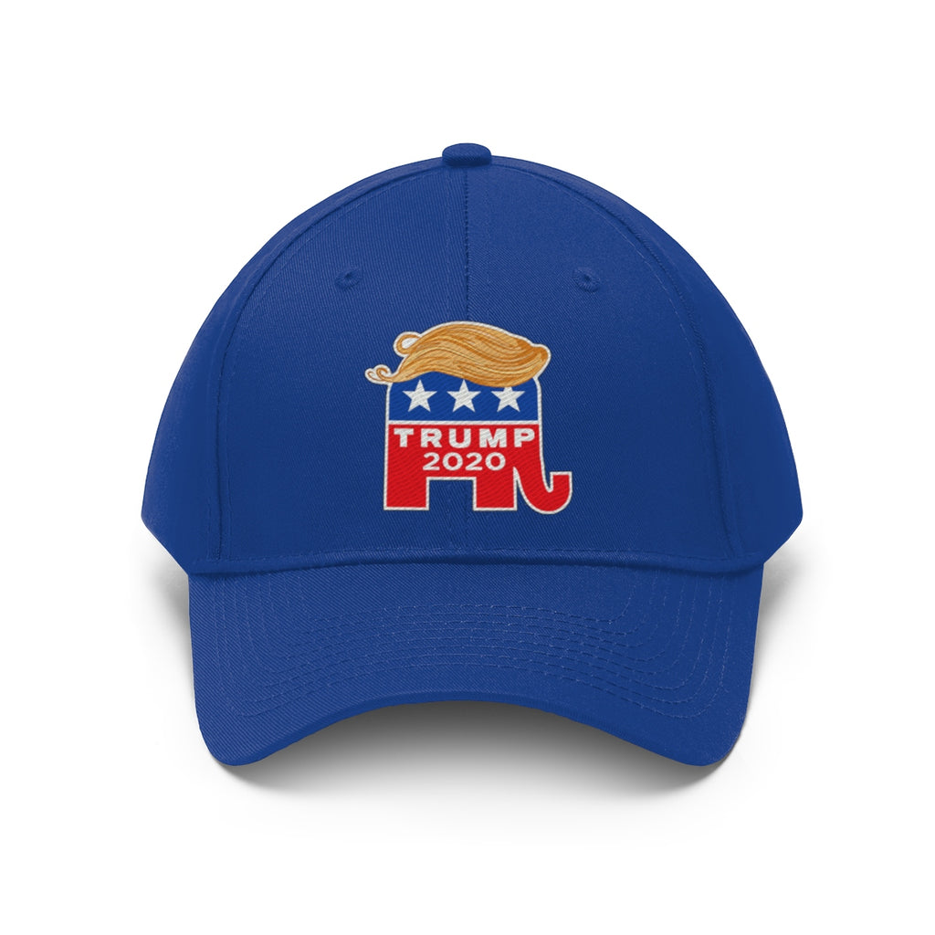 Hair 2020 Twill Baseball Cap Featuring Trump in blue with a stylized Trump logo.