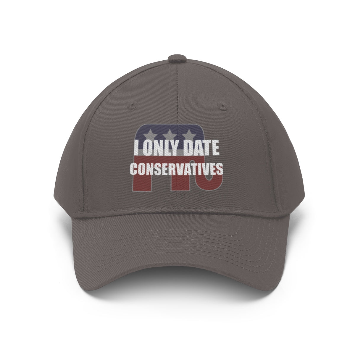 I Only Date Conservatives Twill Cap featuring bold political message on a grey baseball cap.