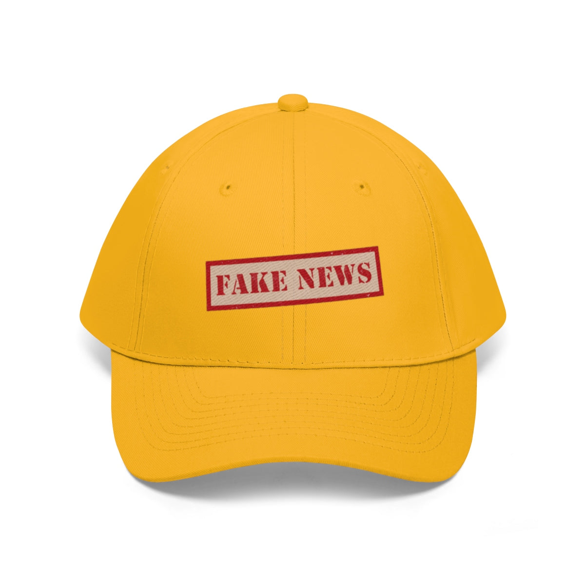 Fake News Twill Cap Bold Humor Casual Wear Hat in vibrant yellow with a playful red 'FAKE NEWS' label.