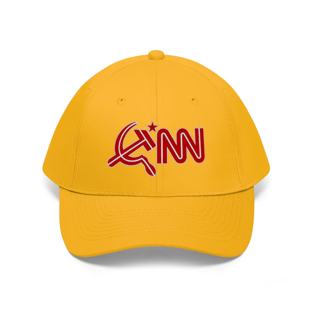 CNN With Hammer And Sickle Twill Cap in yellow showcasing provocative political satire.