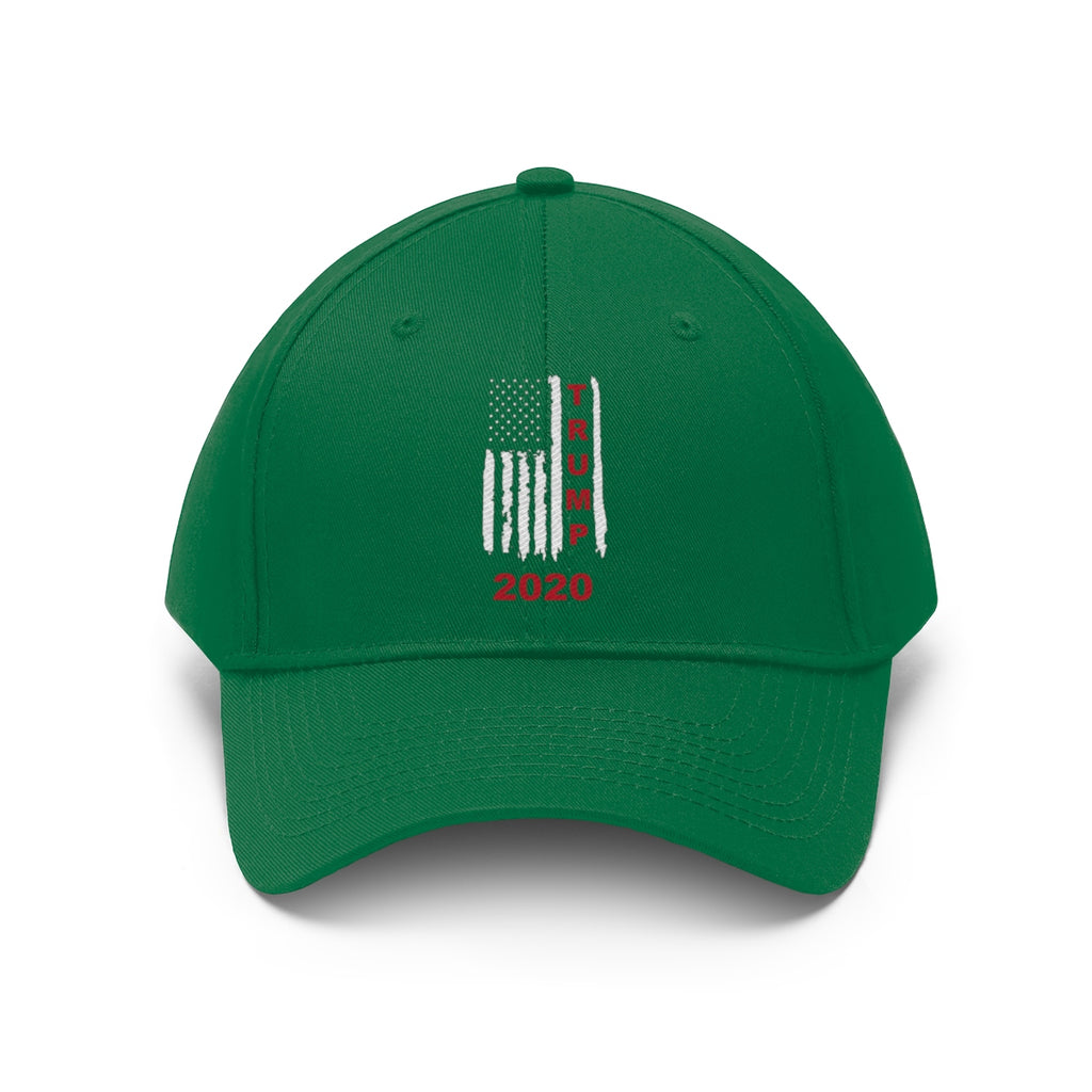 Trump 2020 Red On Distressed American Flag Twill Cap in green color with embroidered design.