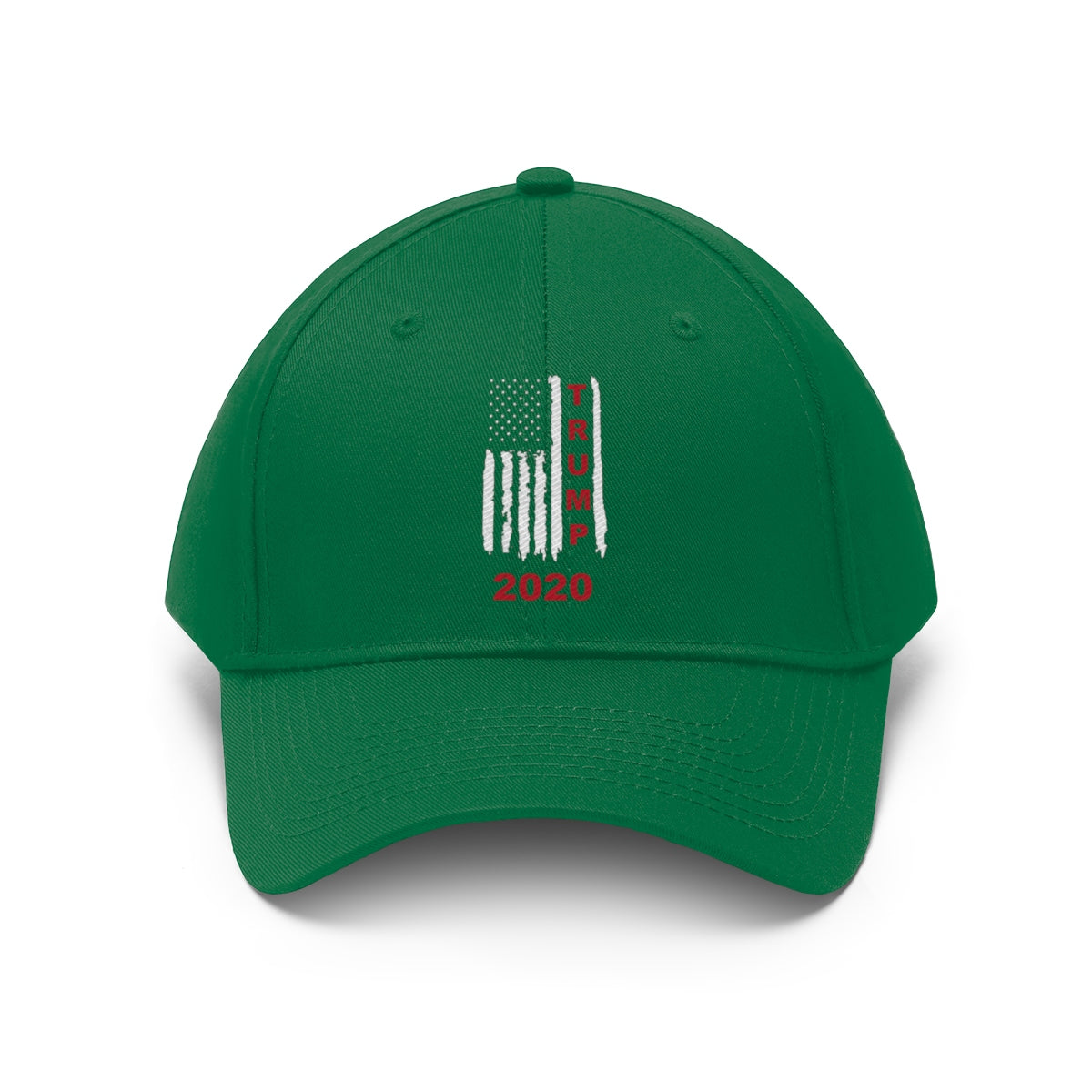 Trump 2020 Red On Distressed American Flag Twill Cap in green color with embroidered design.