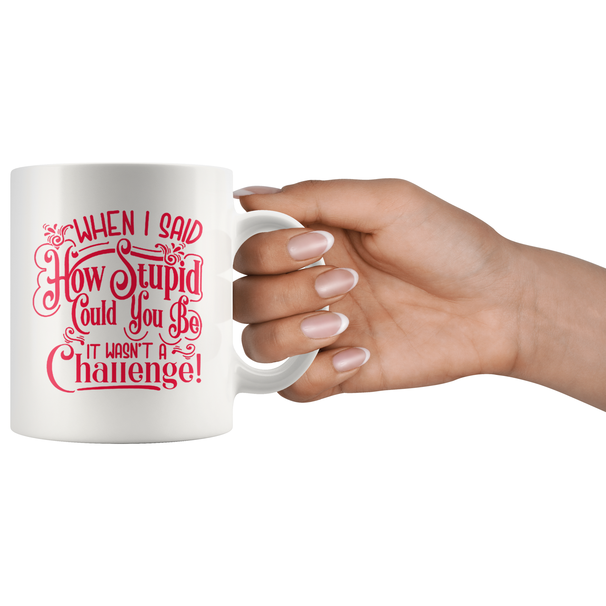 Coffee mug with 'When I Said How Stupid Could You Be It Wasn't A Challenge' humorous message held by a hand.