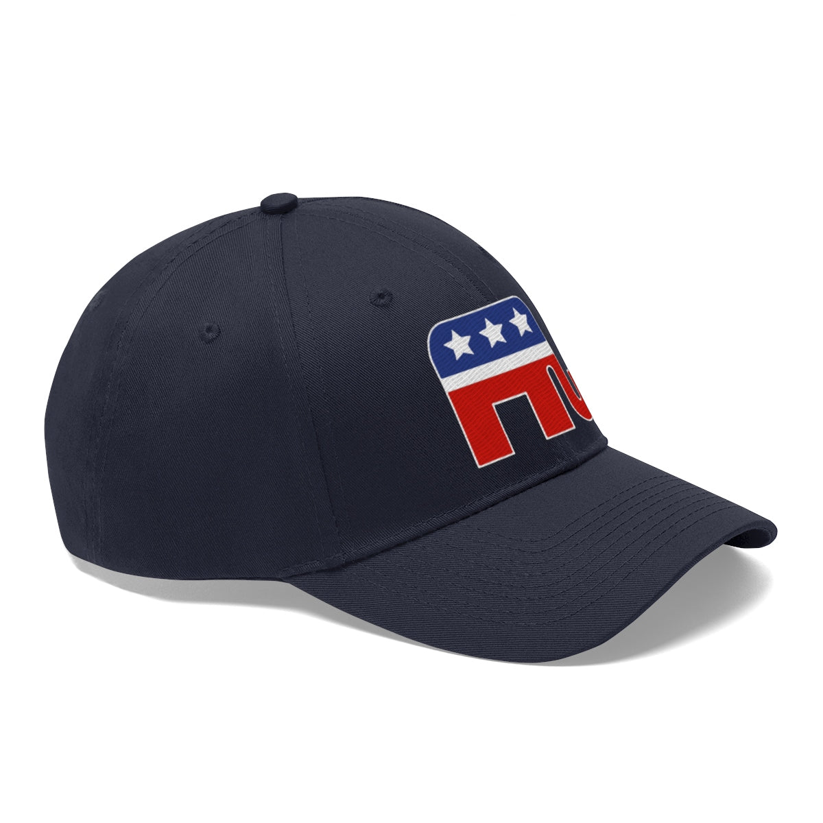GOP Symbol Twill Cap Patriotic Political Graphic Cap in navy blue with red and white graphic design.