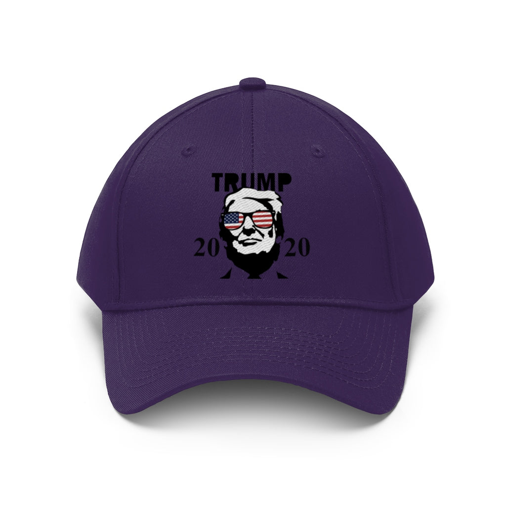 Trump 2020 With US Flag Glasses Twill Cap, featuring a bold design with sunglasses and campaign message.