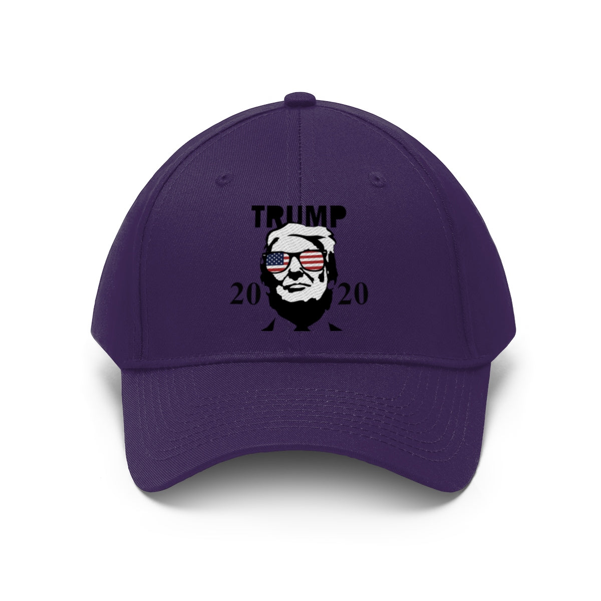 Trump 2020 With US Flag Glasses Twill Cap, featuring a bold design with sunglasses and campaign message.