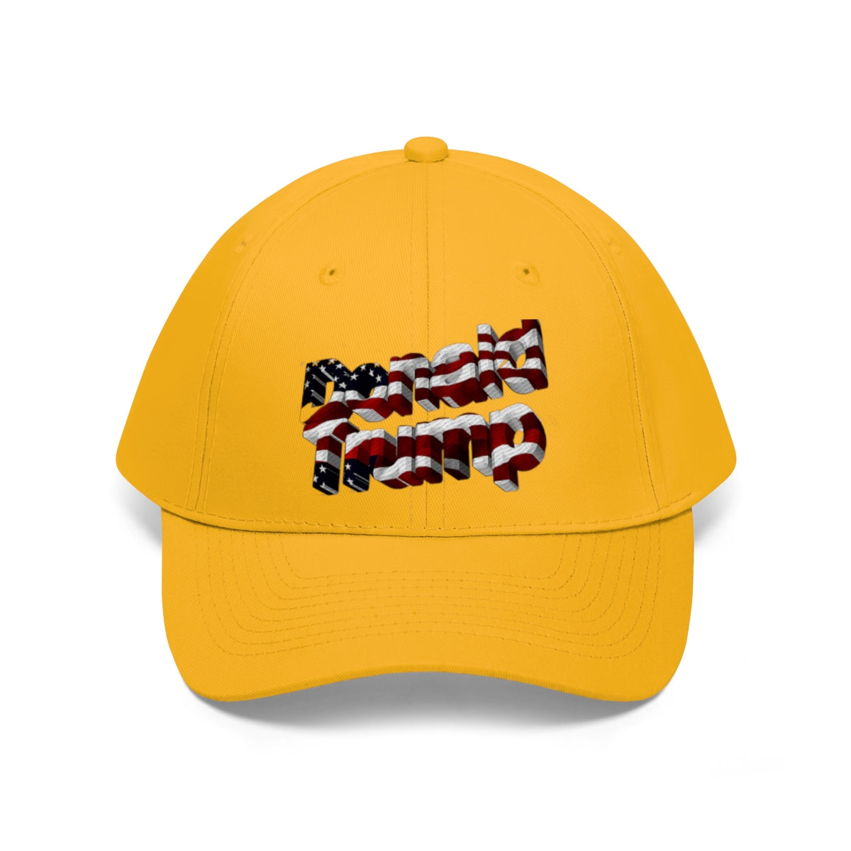 Donald Trump With American Flag Colors Twill Cap featuring bold text and American flag design on a yellow cap.