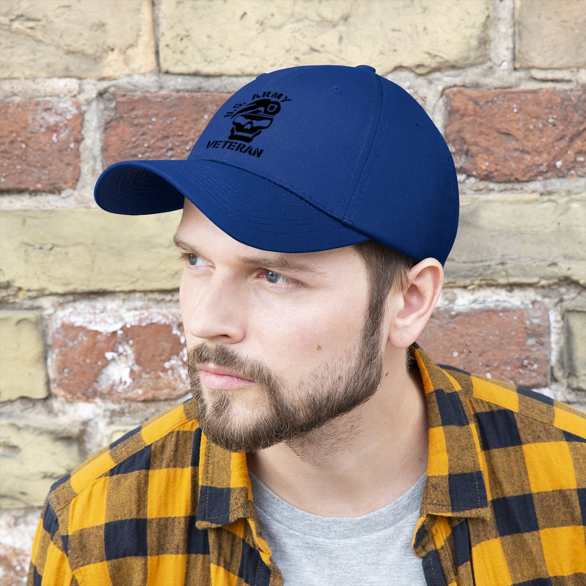 Vintage Twill Baseball Cap US Army Veteran worn by a man with a beard and checkered shirt against a brick wall.