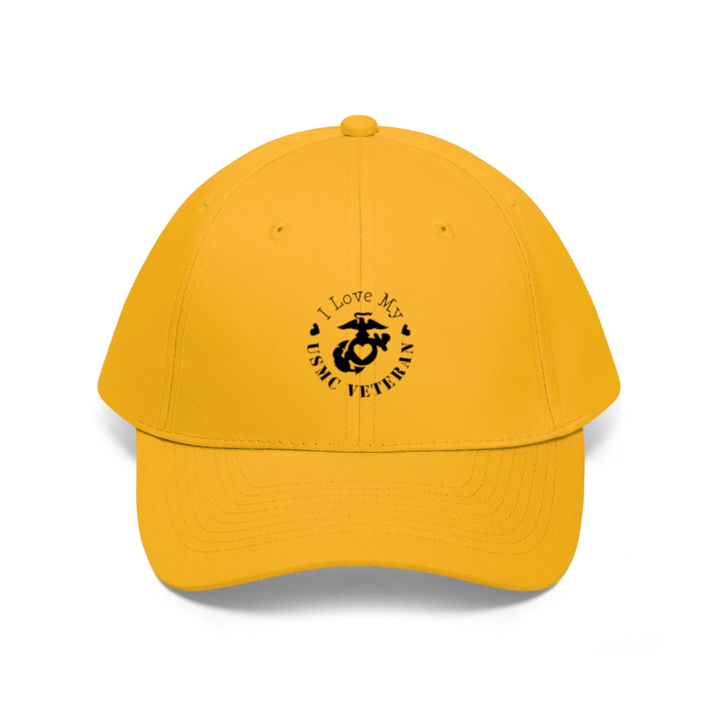 I Love My USMC Veteran Twill Cap in yellow with logo, showcasing support for USMC veterans.