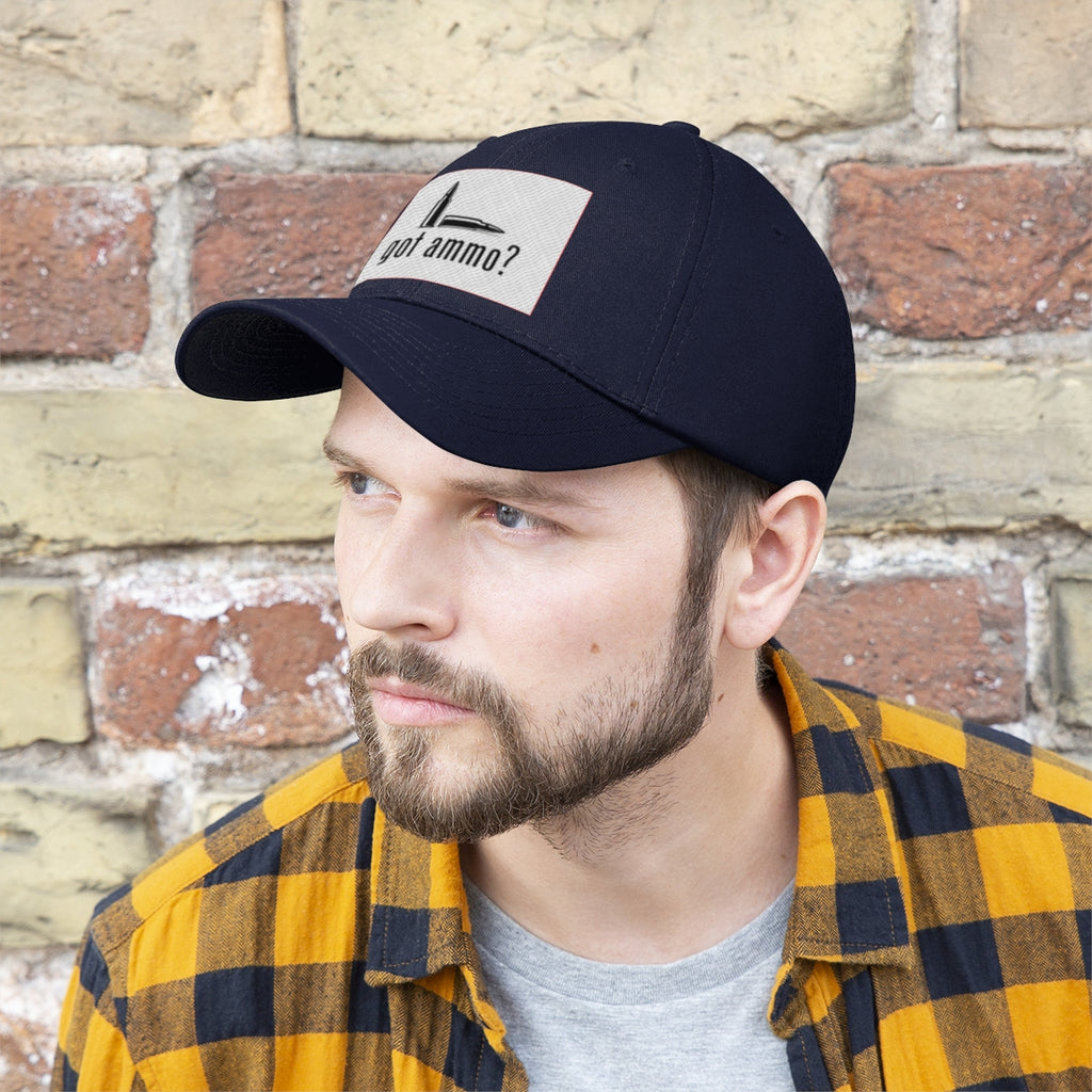 Got Ammo Twill Cap Funny Tactical Style Cap worn by a man with a beard, set against a textured brick wall.