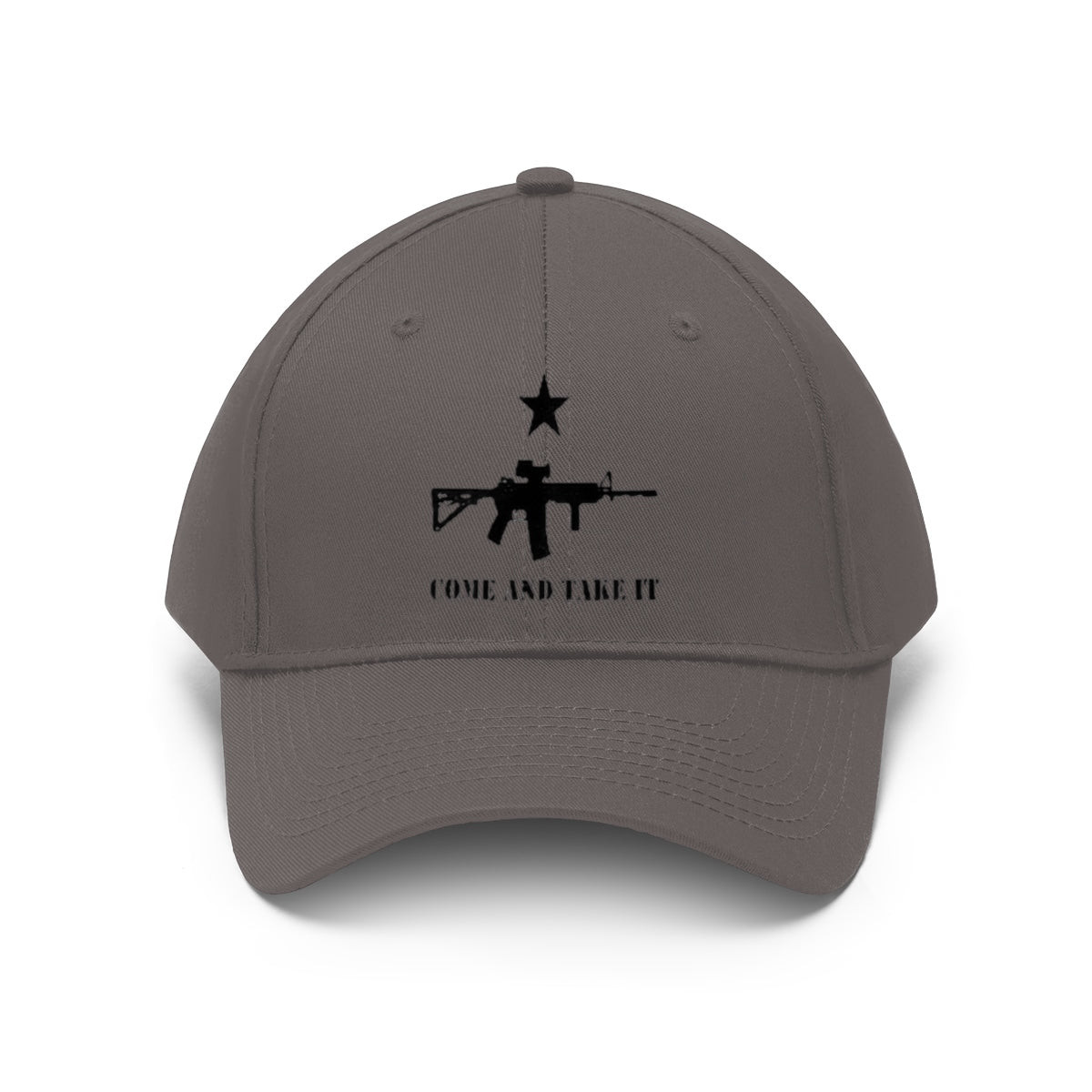 Come And Take It Star Over AR-15 Twill Cap featuring a star and AR-15 graphic on a gray dad hat.