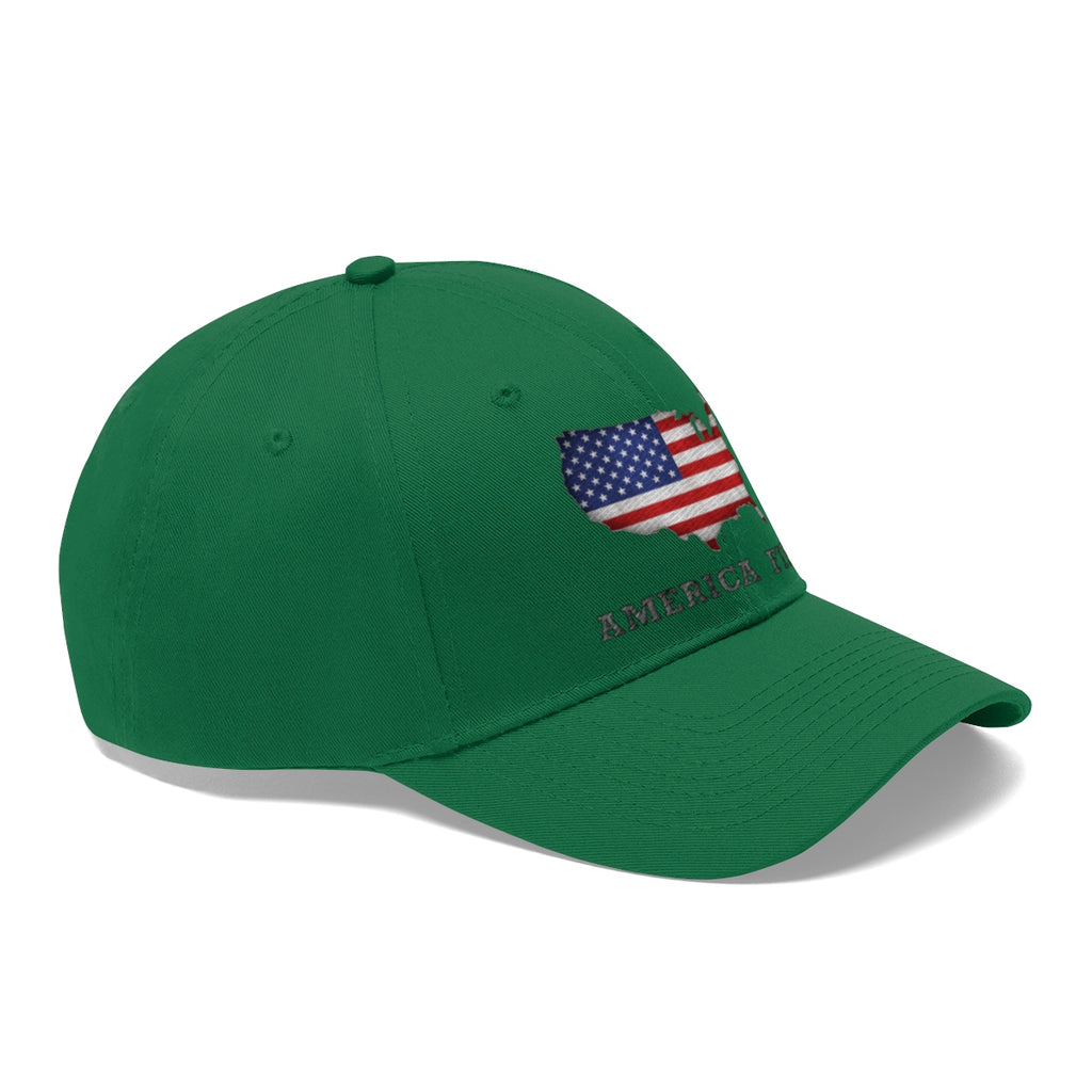 America First Twill Cap Bold USA Pride Casual Cap in green with embroidered flag design.
