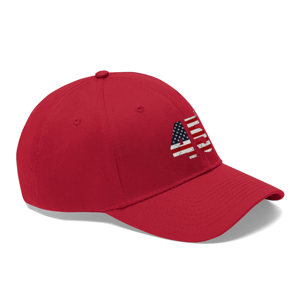 45 Squared Twill Cap Bold Numeric Statement Hat in red with American flag design on the front.