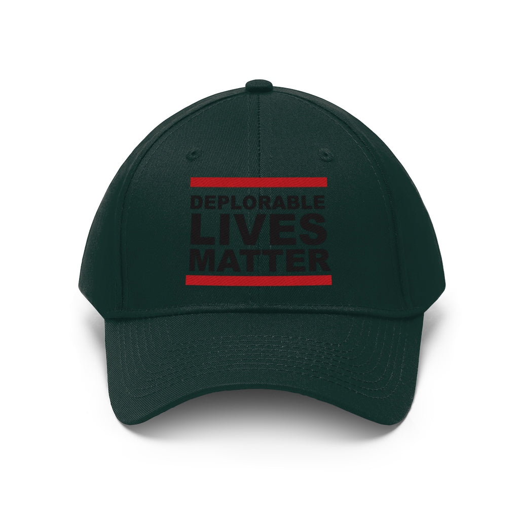 Deplorable Lives Matter Twill Cap featuring bold text on a dark green dad hat design.