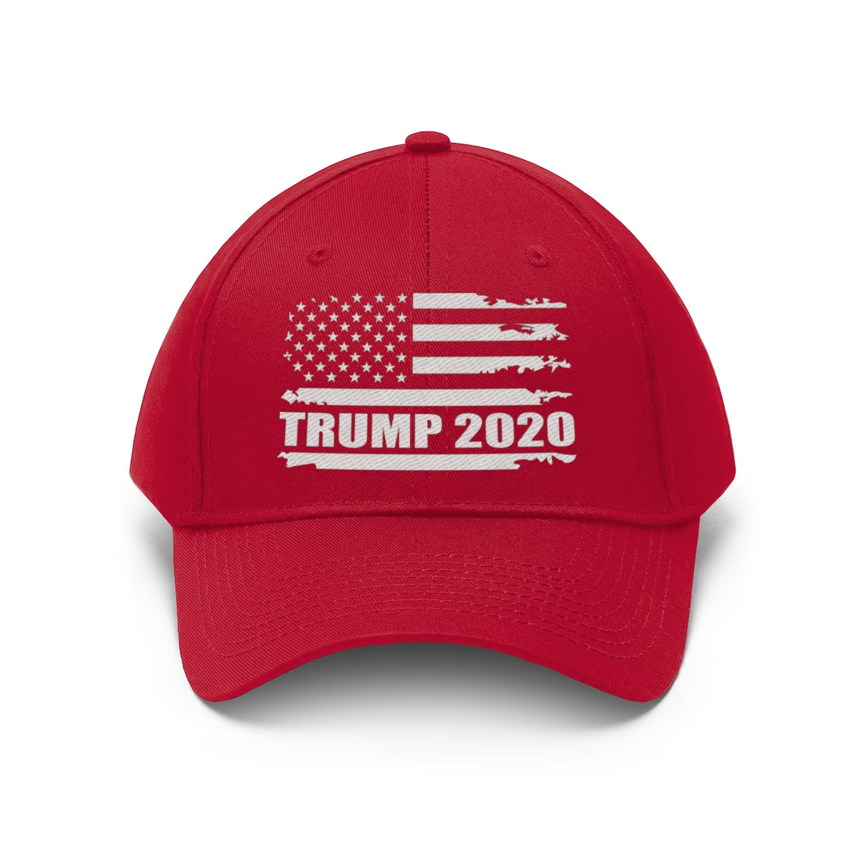 Trump 2020 Distressed American Flag Wht Ltrs Twill Cap on a red hat, perfect for outdoor activities.
