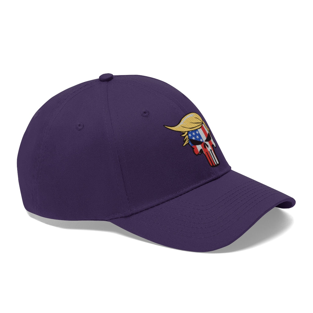Classic Punisher Twill Cap with Trump Design featuring a unique cartoon-style character on a purple cap.
