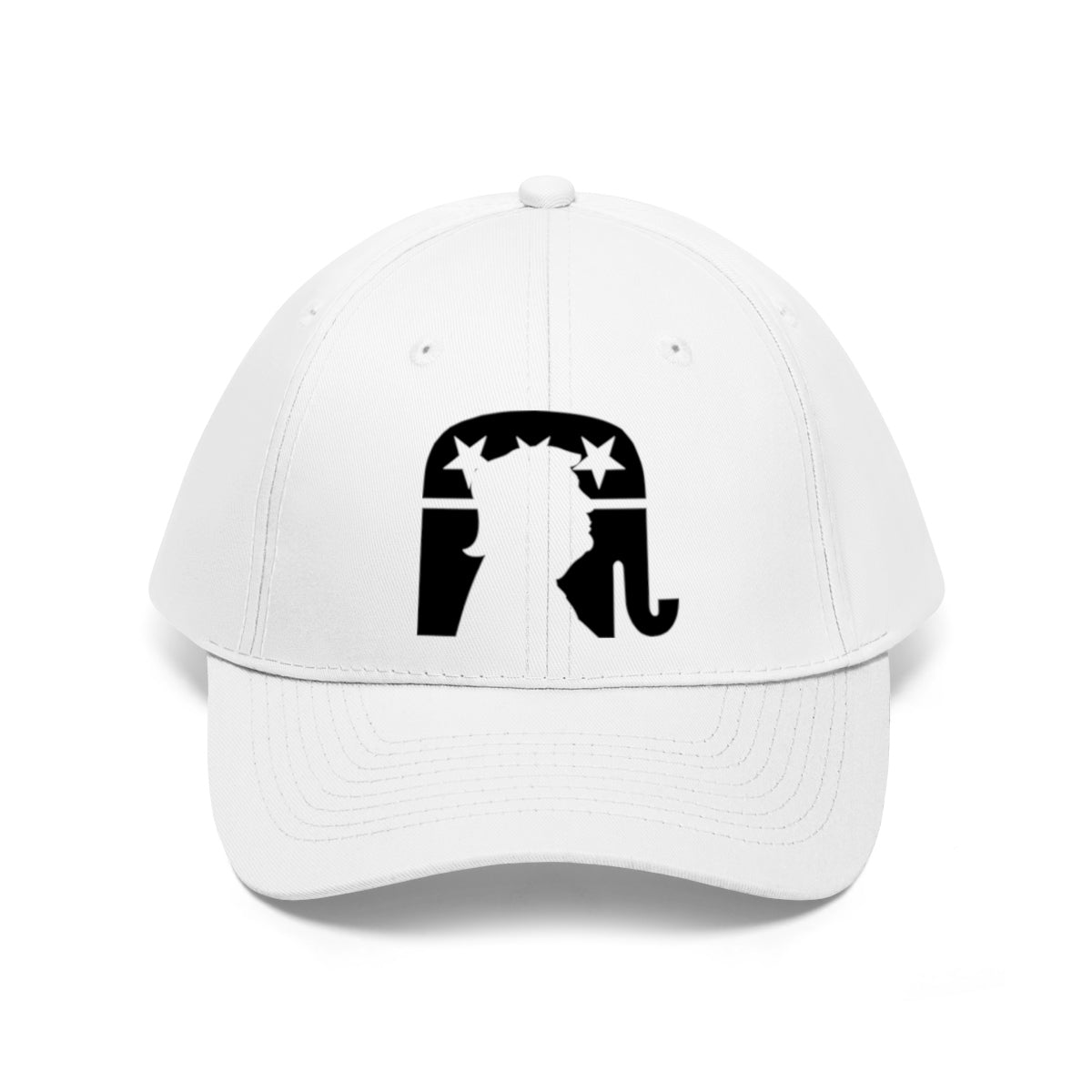 Trump Silhouette On GOP Symbol Twill Cap design on a trendy white cap.
