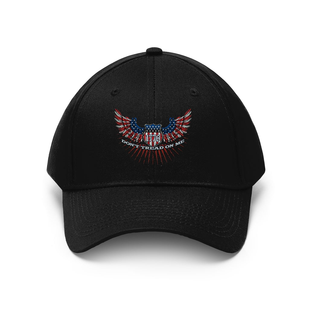 Don't Tread On Me 1776 Eagle American Flag Twill Cap black hat showcasing bold patriotic design.