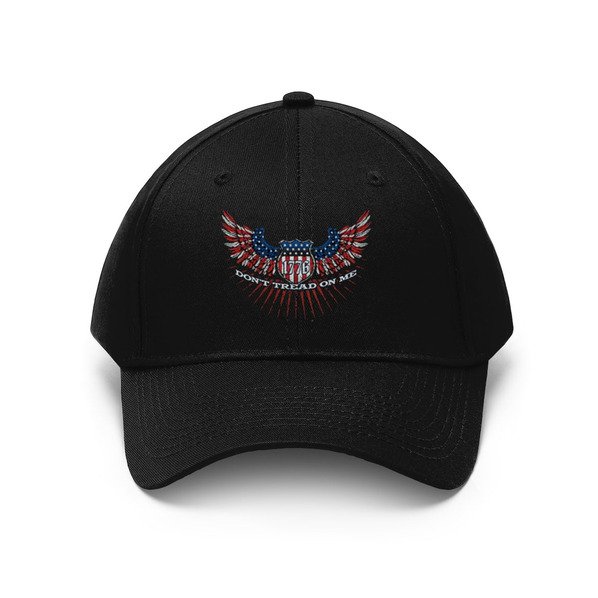 Don't Tread On Me 1776 Eagle American Flag Twill Cap black hat showcasing bold patriotic design.