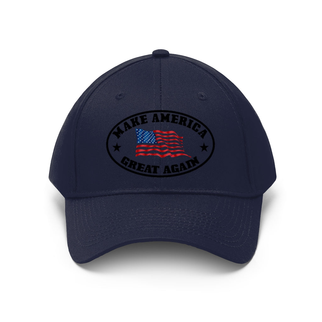 Make America Great Again US Flag Twill Cap in navy with a bold design featuring the American flag.